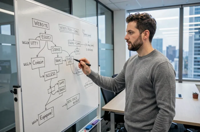 Développeur web expliquant l'architecture d'un sitemap sur un tableau blanc dans une salle de réunion