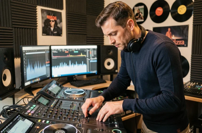 DJ français concentré derrière sa console de mixage dans un studio privé, casque autour du cou, créant sa signature sonore unique
