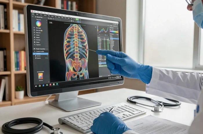 Gros plan sur un écran médical affichant une analyse d'ostéodensitométrie dans un cabinet de radiologie à Aix-en-Provence