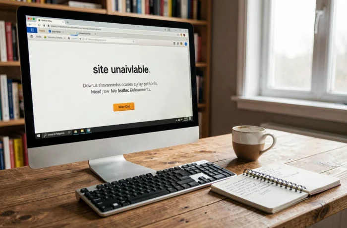 Desktop screen displaying a site unavailable error on Leboncoin in a home office