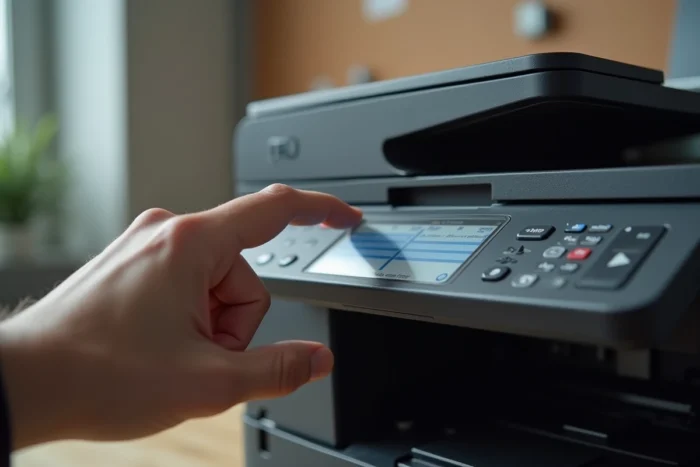 Écran tactile couleur de l'imprimante Brother MFC-L3770CDW avec menu de numérisation affiché et doigt d'utilisateur