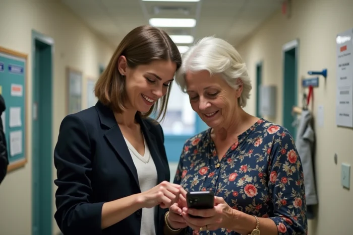 Deux employées ADMR consultant ensemble une application mobile de suivi des temps d'intervention sur smartphone