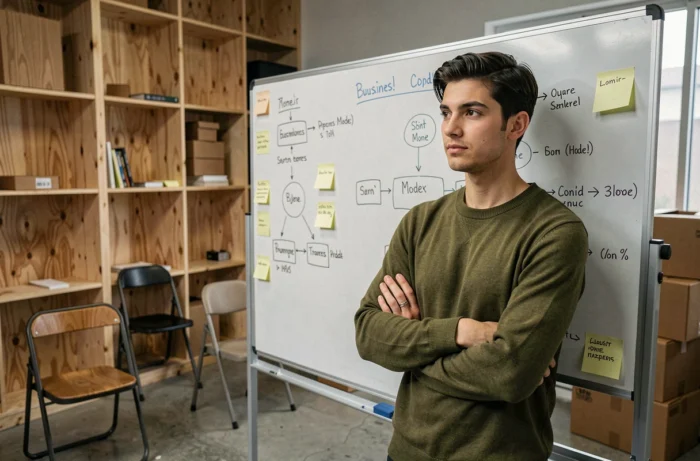 Jeune entrepreneur analysant un tableau blanc avec un modèle économique dans un bureau de startup en phase de démarrage