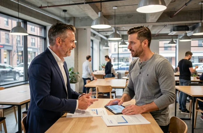 Deux hommes discutant d'un projet de création d'entreprise dans un espace de coworking moderne