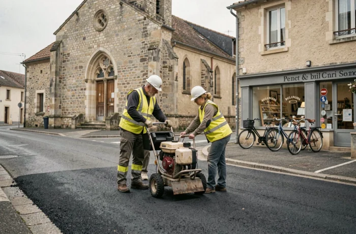 Équipe de travaux municipaux effectuant un revêtement bitumineux sur une route de village
