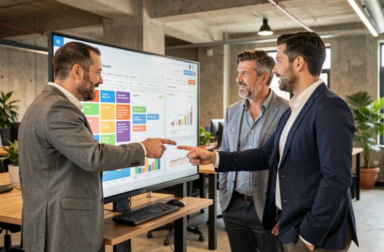 Équipe de professionnels collaborant autour d'un tableau de bord de gestion de projets sur grand écran dans un bureau moderne