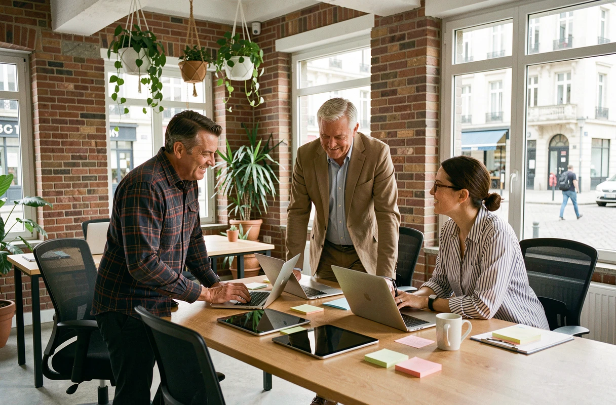 Équipe municipale collaborant sur des outils numériques dans un espace de travail modernisé