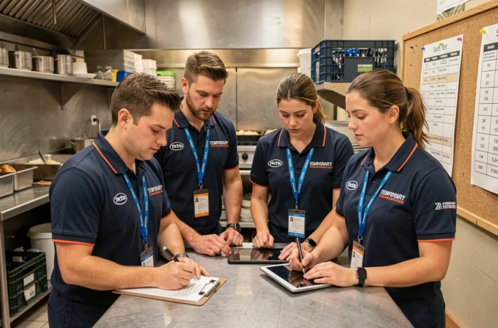 Équipe de personnel extra en réunion de briefing avant un événement de restauration