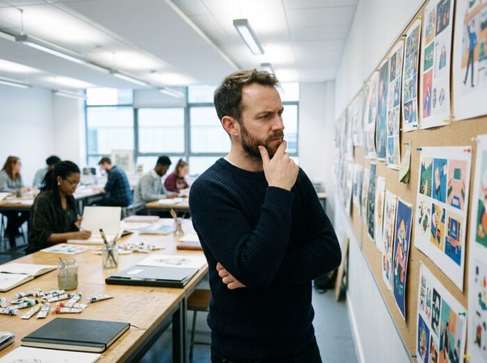 Étudiant en école d'illustration analysant son portfolio épinglé dans une salle de cours artistique