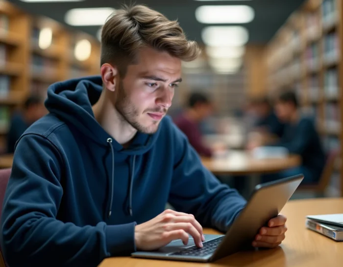 Étudiant universitaire confronté à une erreur de connexion sur une tablette dans une bibliothèque académique