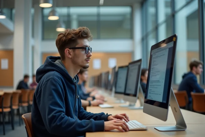 Étudiant consultant son webmail académique de Lyon sur un ordinateur de bibliothèque universitaire