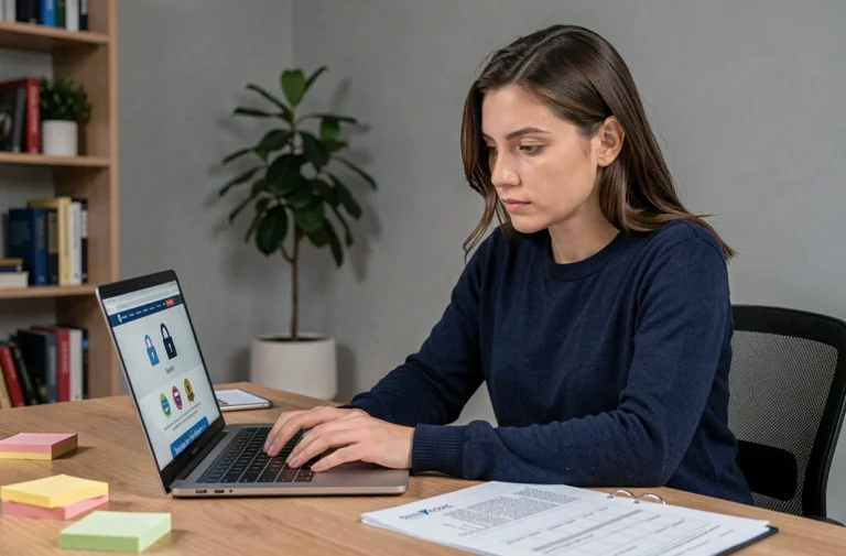Femme analysant la fiabilité d'un site web sur son ordinateur portable dans un bureau à domicile