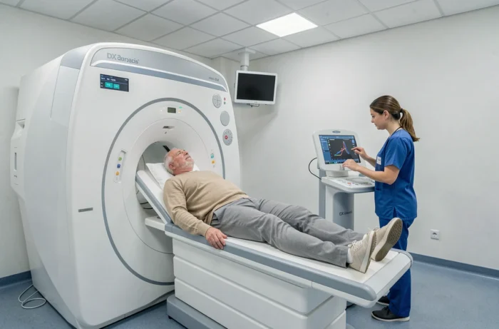 Patient âgé allongé sur une table d'ostéodensitométrie lors d'un examen osseux dans un centre de radiologie à Aix-en-Provence