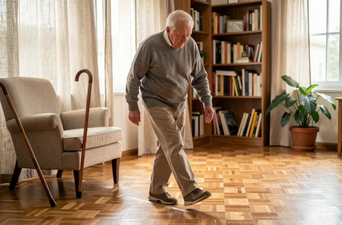 Homme âgé réalisant un exercice d'équilibre en marchant talon-pointe sur le parquet de son salon