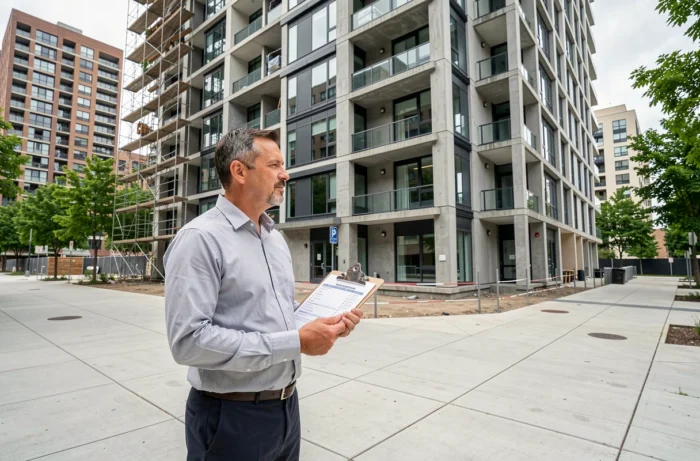 Expert immobilier évaluant la qualité d'un immeuble résidentiel neuf pour un investissement durable
