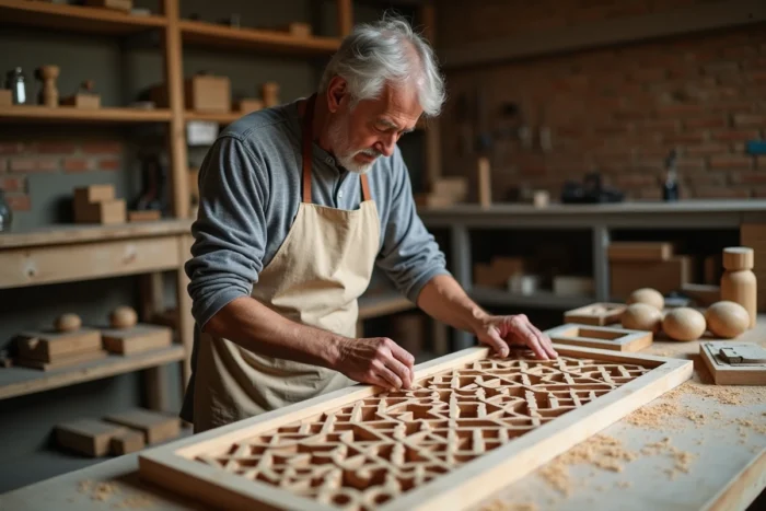 Artisan assemblant un moucharabieh en bois aux motifs géométriques dans un atelier de menuiserie
