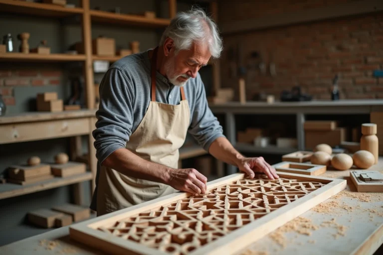 Artisan assemblant un moucharabieh en bois aux motifs géométriques dans un atelier de menuiserie