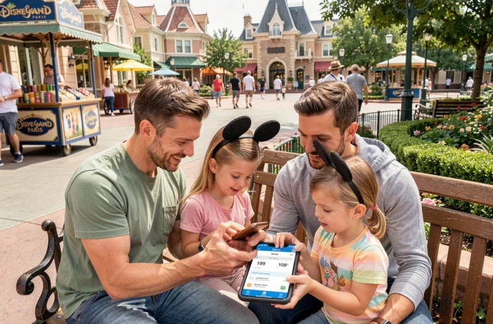 Famille consultant l'application Disneyland Paris pour gérer les réservations coupe-file et les temps d'attente des attractions