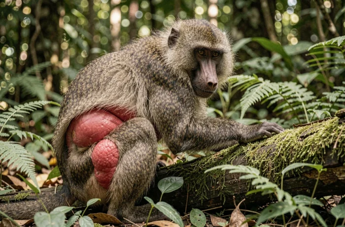 Femelle babouin en forêt montrant ses callosités ischiatiques rouges gonflées lors du toilettage