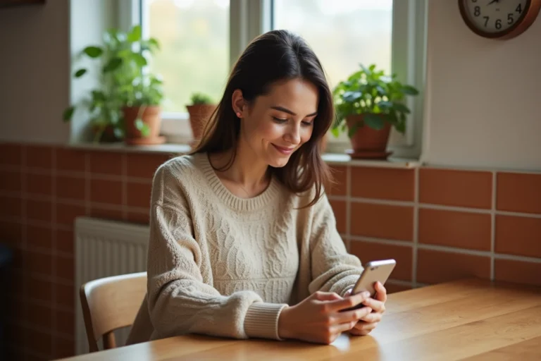 Femme utilisant une application de livraison en ligne sur son smartphone dans une cuisine chaleureuse