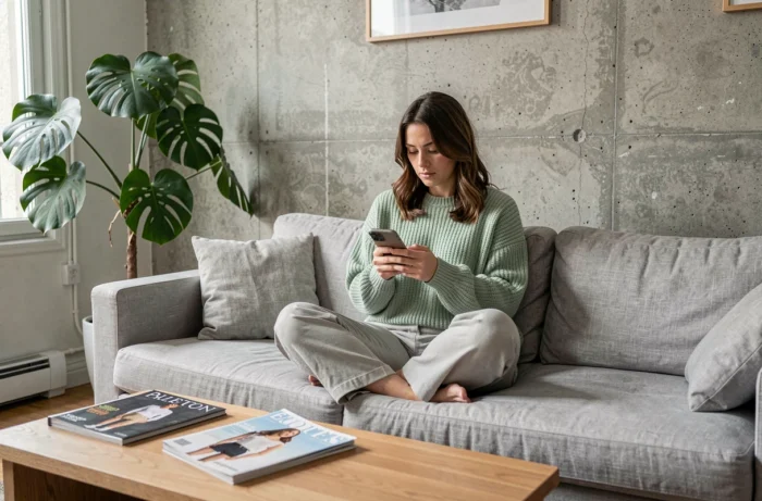 Jeune femme blogueuse consultant les tendances du blogging féminin sur son smartphone dans un appartement parisien moderne
