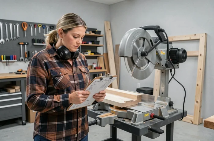 Mujer bricoladora consultando una lista de cortes en bisel junto a una sierra radial en un taller de garaje organizado