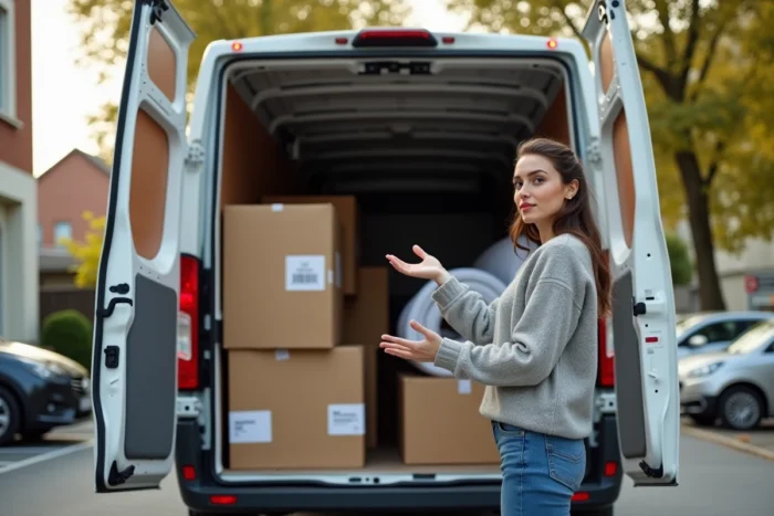 Femme supervisant le chargement d'un van 4m3 avec meubles et cartons dans un parking résidentiel