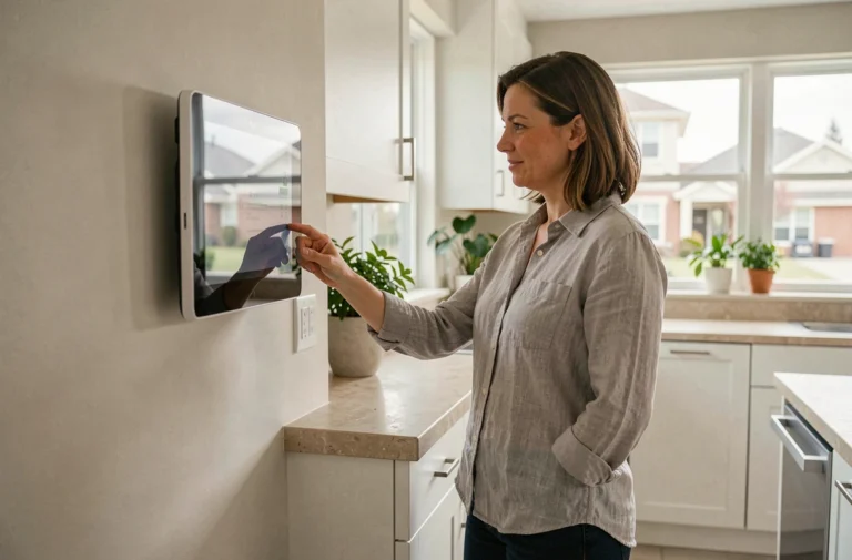 Femme utilisant un panneau de contrôle domotique dans une cuisine moderne connectée