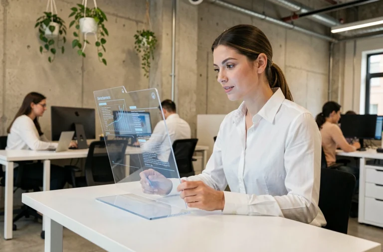 Femme explorant un écran OLED transparent dans un bureau technologique moderne, illustration des tendances numériques