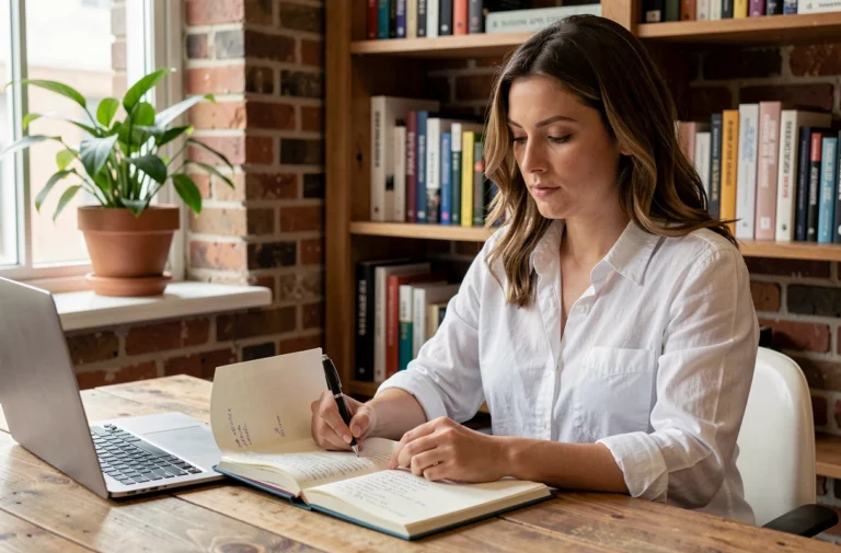 Jeune femme entrepreneur prenant des notes dans un carnet de planification dans un bureau à domicile organisé