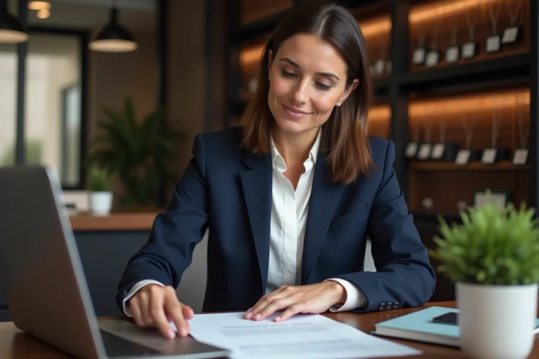 Femme entrepreneur examinant des documents juridiques dans un bureau professionnel moderne