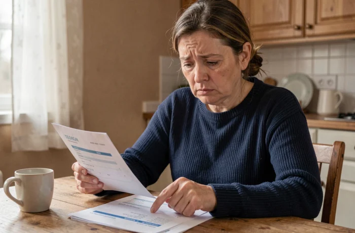 Femme inquiète examinant un relevé bancaire de la Banque Postale avec un débit inconnu sur son extrait de compte