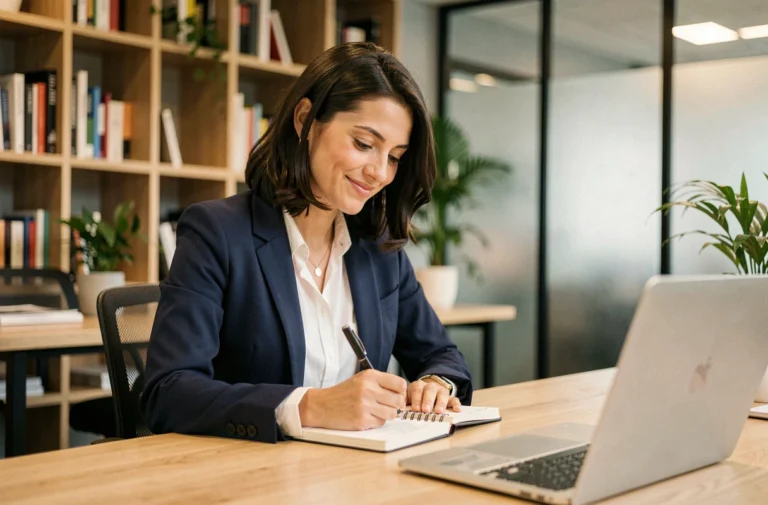 Femme professionnelle prenant des notes lors d'une formation professionnelle dans un espace de coworking moderne