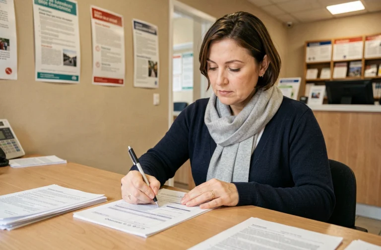 Femme remplissant un formulaire administratif dans une agence de La Banque Postale pour recevoir ses allocations CAF