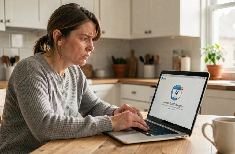 Femme frustrée devant son ordinateur portable affichant une erreur de connexion sur le site leboncoin