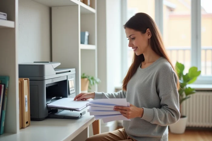 Femme récupérant des impressions couleur depuis une imprimante multifonction Brother dans un bureau à domicile contemporain