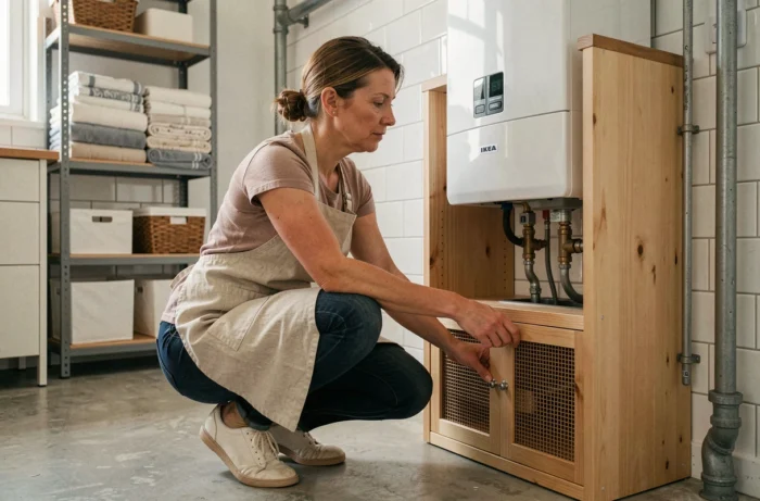 Femme aménageant un meuble Ikea cache chaudière dans une buanderie contemporaine avec carrelage métro blanc