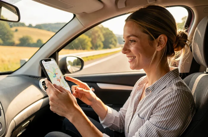Frau, die die Mappy-Route auf dem Smartphone im Auto während eines Roadtrips in Frankreich konsultiert