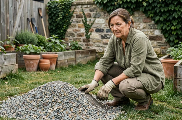 Femme jardiniére agenouillée près d'un tas de gravier naturel dans un jardin aménagé à moindre coût