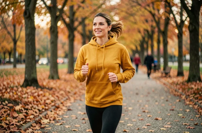 Femme faisant du jogging dans un parc en automne dans le cadre d'une routine de perte de poids durable
