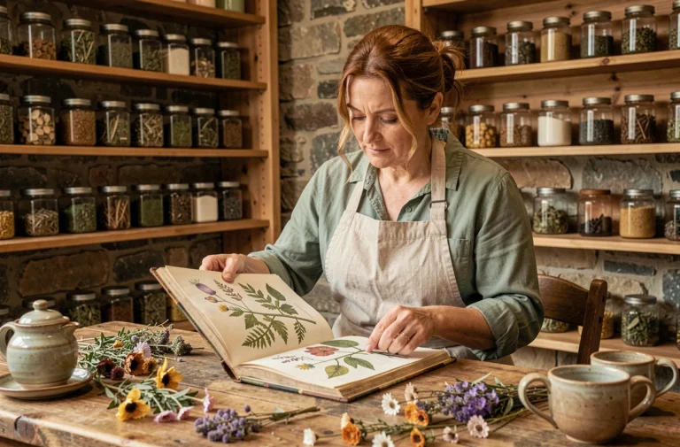 Femme parcourant un livre illustré de botanique dans une boutique de thés bio Le Jardin de Gaïa