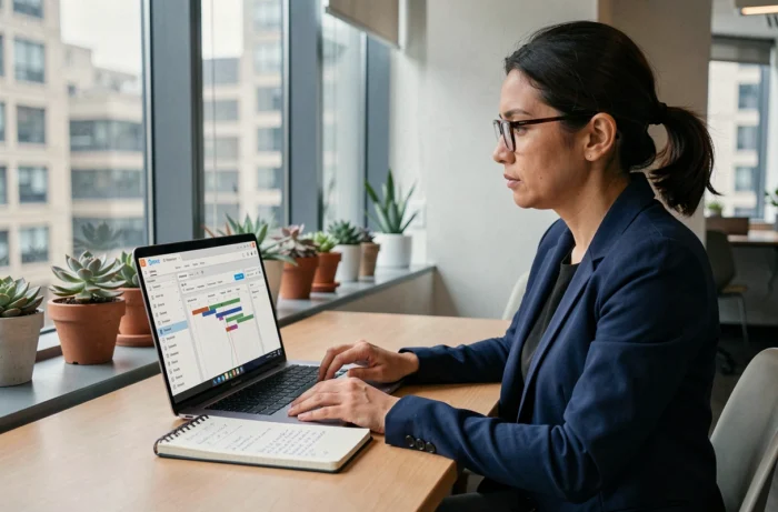 Mujer profesional utilizando un software de gestión de proyectos en un portátil en un espacio de coworking luminoso