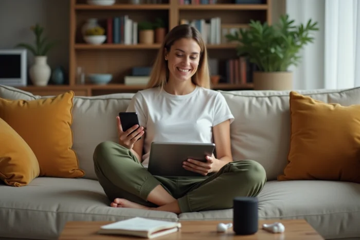 Femme utilisant une tablette et un smartphone simultanément avec accessoires connectés dans un salon cosy