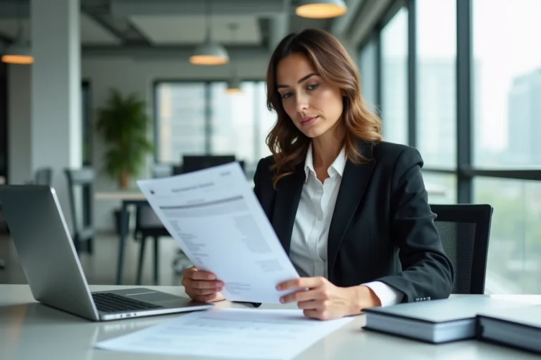 Femme professionnelle examinant un contrat a500 dans un bureau moderne, illustrant les avantages et le fonctionnement du contrat
