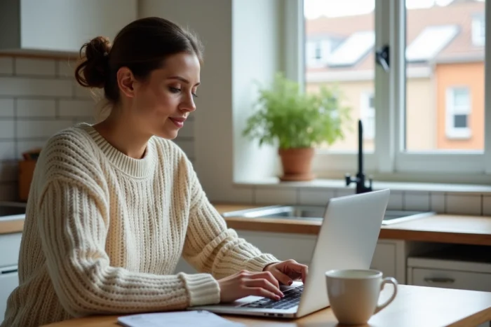 Femme recherchant une cofamille idéale sur son ordinateur portable dans une cuisine moderne