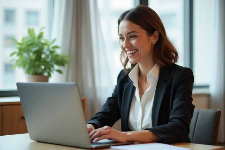 Femme professionnelle cherchant des opportunités d'emploi en ligne depuis son bureau à domicile