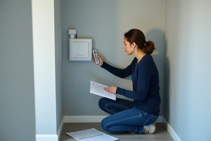 Femme consultant une notice pour réinitialiser une télécommande Simu de volet roulant murale