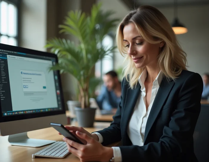 Femme professionnelle résolvant un problème de connexion à un espace numérique académique dans un espace de coworking