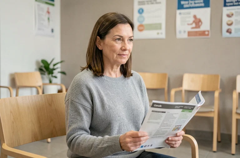Femme adulte assise dans une salle d'attente médicale tenant un dépliant sur les maladies courantes et leurs traitements