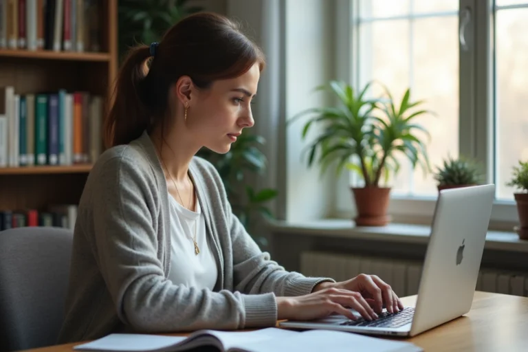 Femme utilisant le webmail académique de Lyon sur un ordinateur portable dans un bureau à domicile